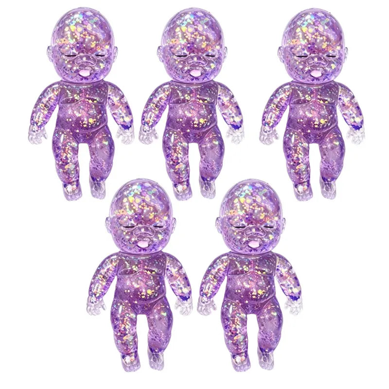A set of six glitter purple squishy stress relief toys for fidgeting and anxiety relief