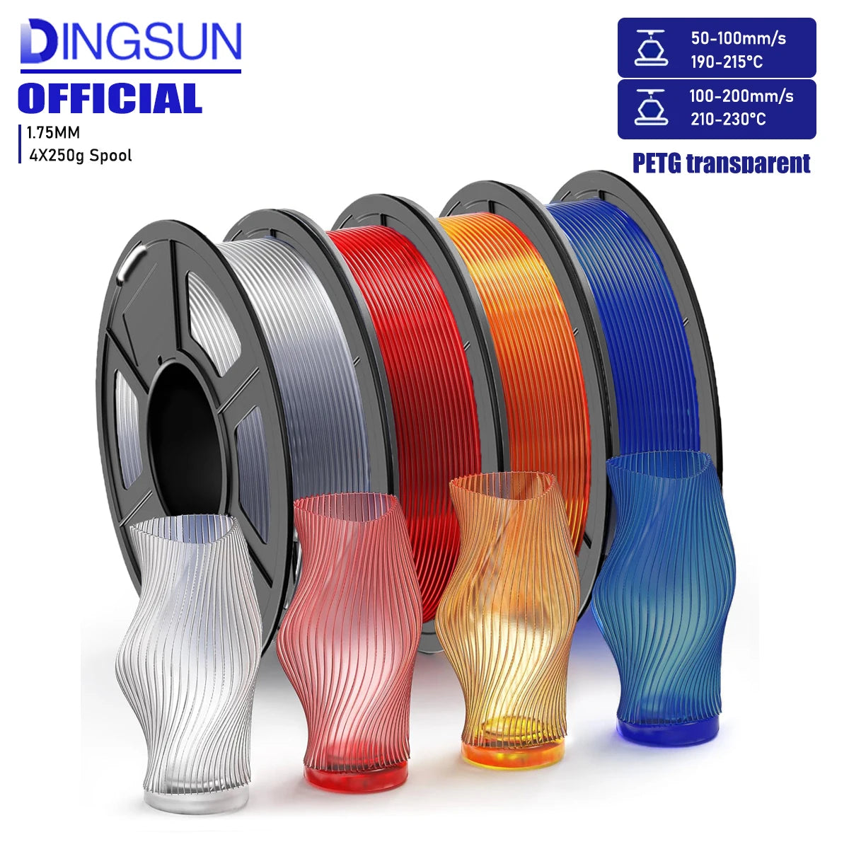 A collection of colorful transparent PETG filament spools in various shades including clear, red, orange, and blue.