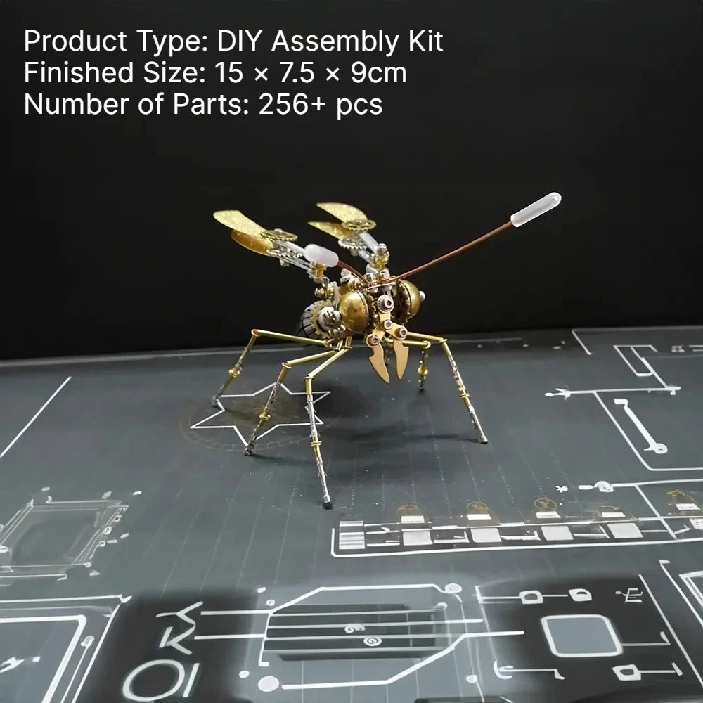 A detailed DIY assembly kit finished as a durable metal insect puzzle decor with gold and silver accents.