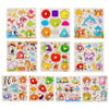 A set of wooden 3D jigsaw puzzles featuring animals, traffic, and fruit themes for toddlers.