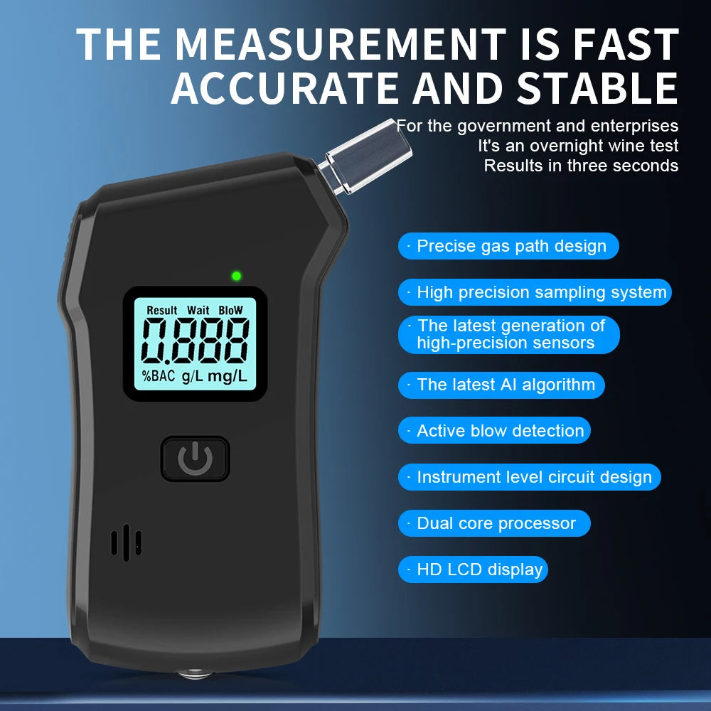 A black portable digital breathalyzer device with an LCD display is shown against a blue background.