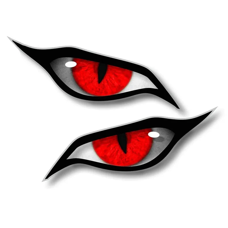 A close-up of a stylized, reflective cat eye design with bright red iris and black eyeliner.