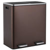 A modern, dark brown dual compartment recycling trash can with a silver soft-close lid.