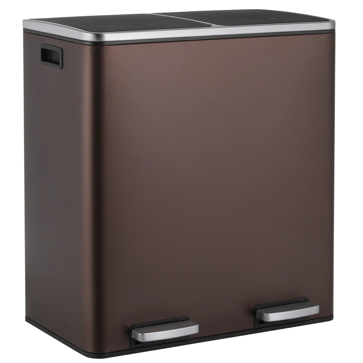 A modern, dark brown dual compartment recycling trash can with a silver soft-close lid.