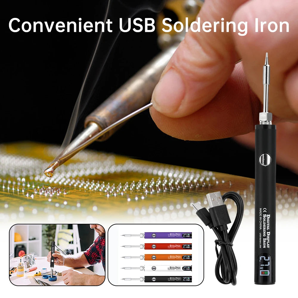 A hand holds a mini cordless soldering iron pen with a USB charging cable, demonstrating its use on a circuit board.