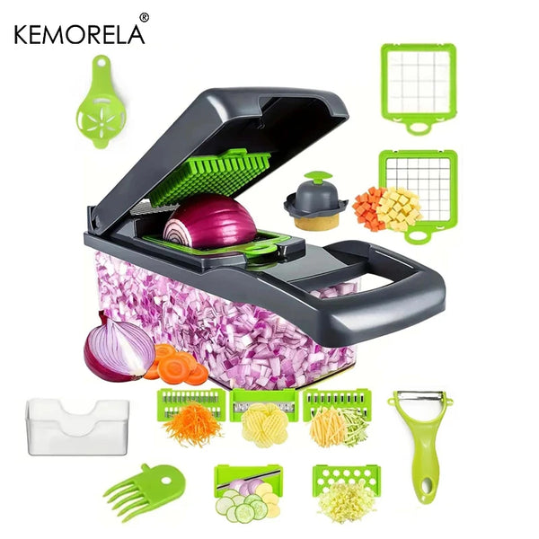 A set of 14 multifunctional vegetable choppers and slicers in various colors including green, yellow, and purple.