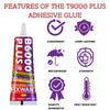 A bottle of B6000 PLUS clear multi-surface adhesive glue with various features listed on the label.
