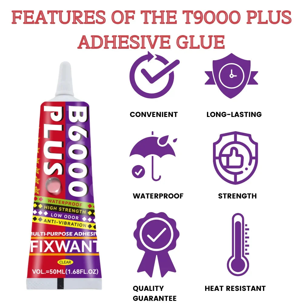 A bottle of B6000 PLUS clear multi-surface adhesive glue with various features listed on the label.