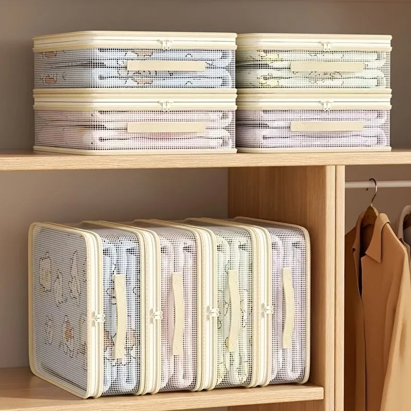 A display of stacked, light-colored fabric storage bags with handles on a wooden shelf.