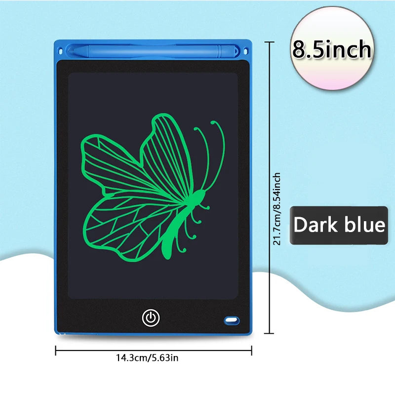 A dark blue 8.5-inch LCD drawing tablet showing a green butterfly outline on the screen.