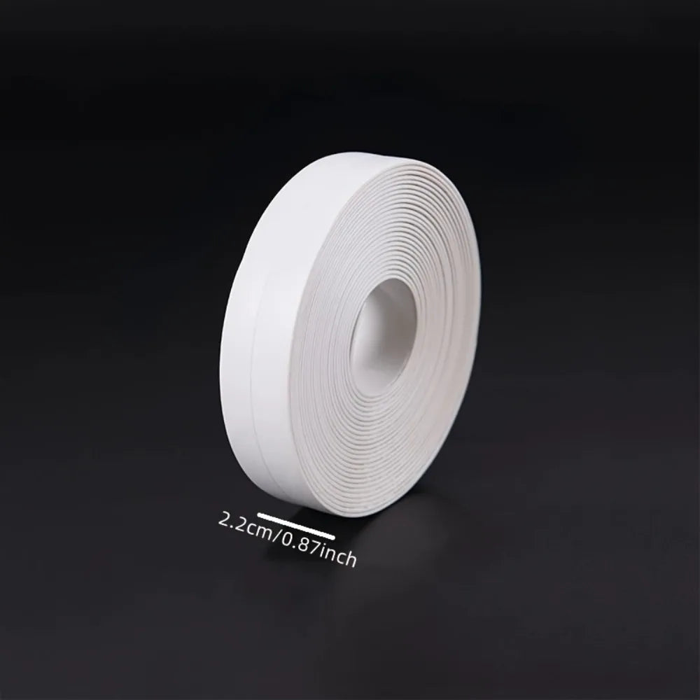 Roll of white self-adhesive waterproof sealing tape for bathrooms, shown from the side.