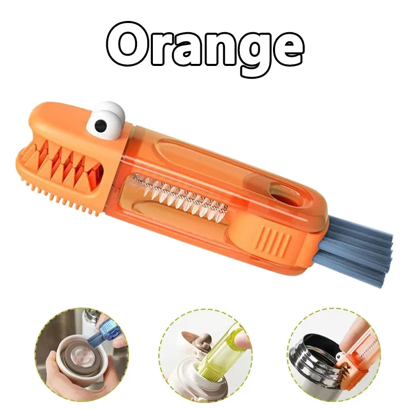 An orange multi-purpose cleaning brush set with bristles and a handle is shown alongside usage examples.