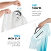 A silver chrome hook swivel hanger is shown hanging a white shirt and a light blue t-shirt.