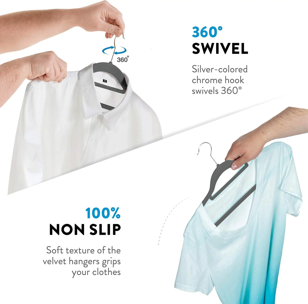 A silver chrome hook swivel hanger is shown hanging a white shirt and a light blue t-shirt.