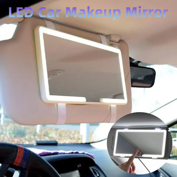 Espejo de maquillaje LED para coche montado en el parabrisas, mostrando un reflejo del interior.
