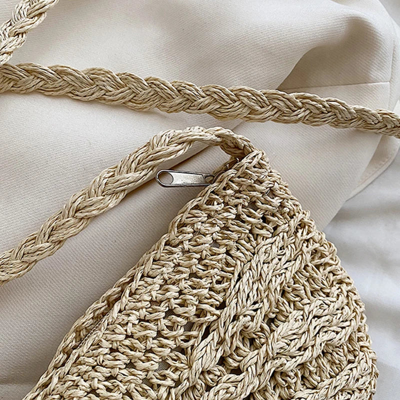 Handwoven Straw Semicircle Crossbody Bag with Tassel