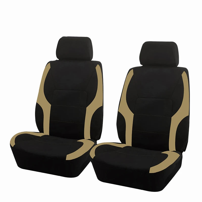 A pair of black and tan two-tone car seat covers shown side by side.