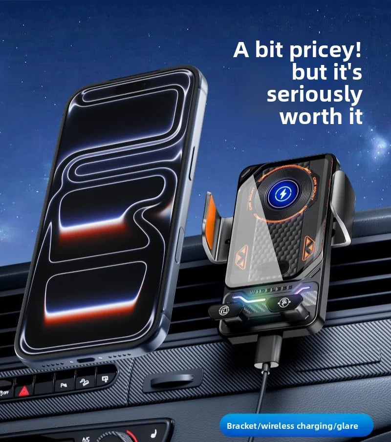 A black smartphone is shown mounted in a car vent using a bracket for wireless charging.