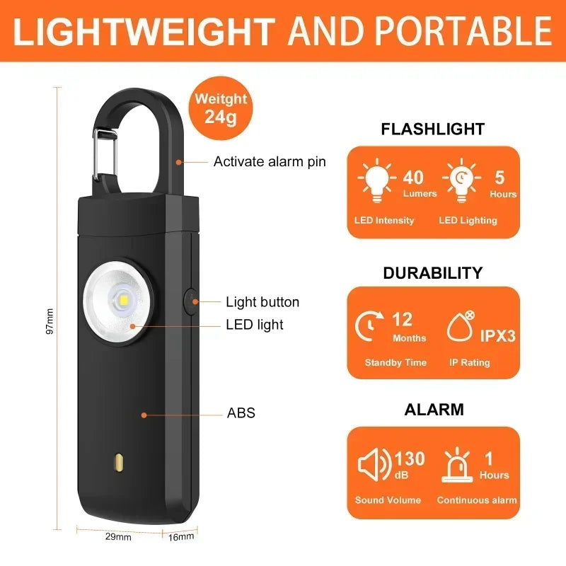 Black lightweight flashlight with a built-in alarm and LED light features listed for weight, durability, and sound level.
