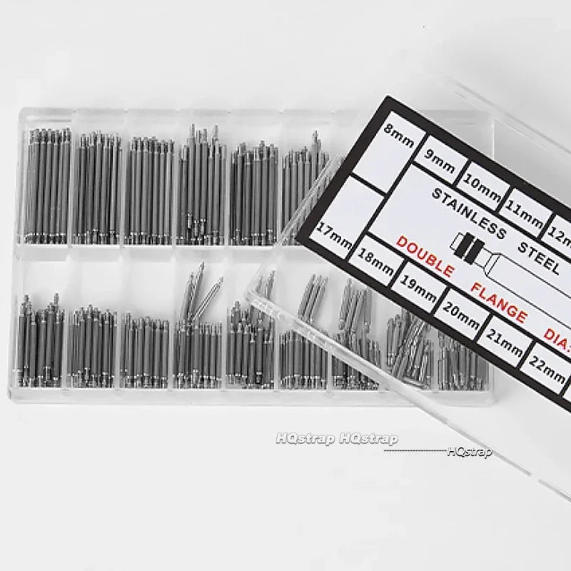 Assortment kit of stainless steel watch spring bars with various diameters and lengths.