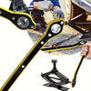 A close-up view of a black and yellow labor-saving ratchet wrench used for tire changes.