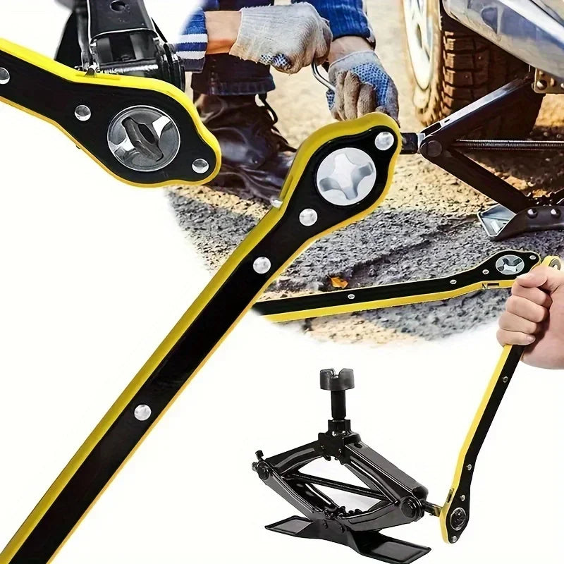 A close-up view of a black and yellow labor-saving ratchet wrench used for tire changes.