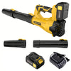 A yellow and black cordless leaf blower with an attached battery and various accessories.