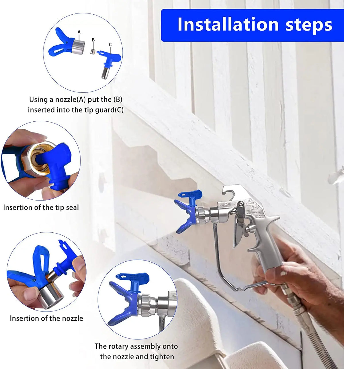 Installation steps showing how to insert the nozzle and tip seal into the guard for a paint spray tool