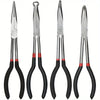 A set of four 11-inch needle nose pliers with angled tips and long reach in silver and black.