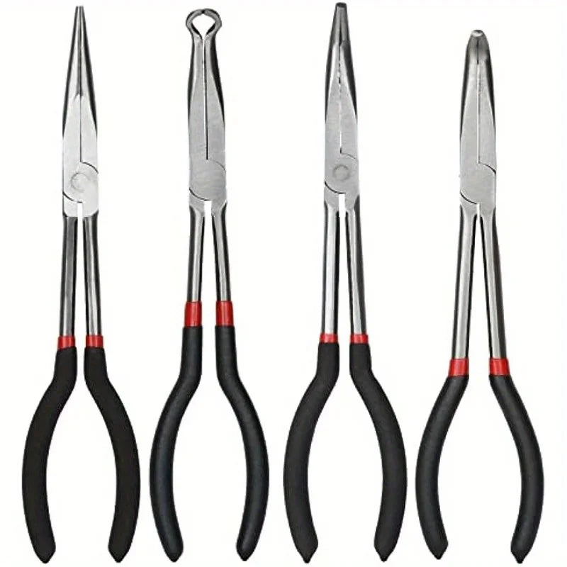 A set of four 11-inch needle nose pliers with angled tips and long reach in silver and black.