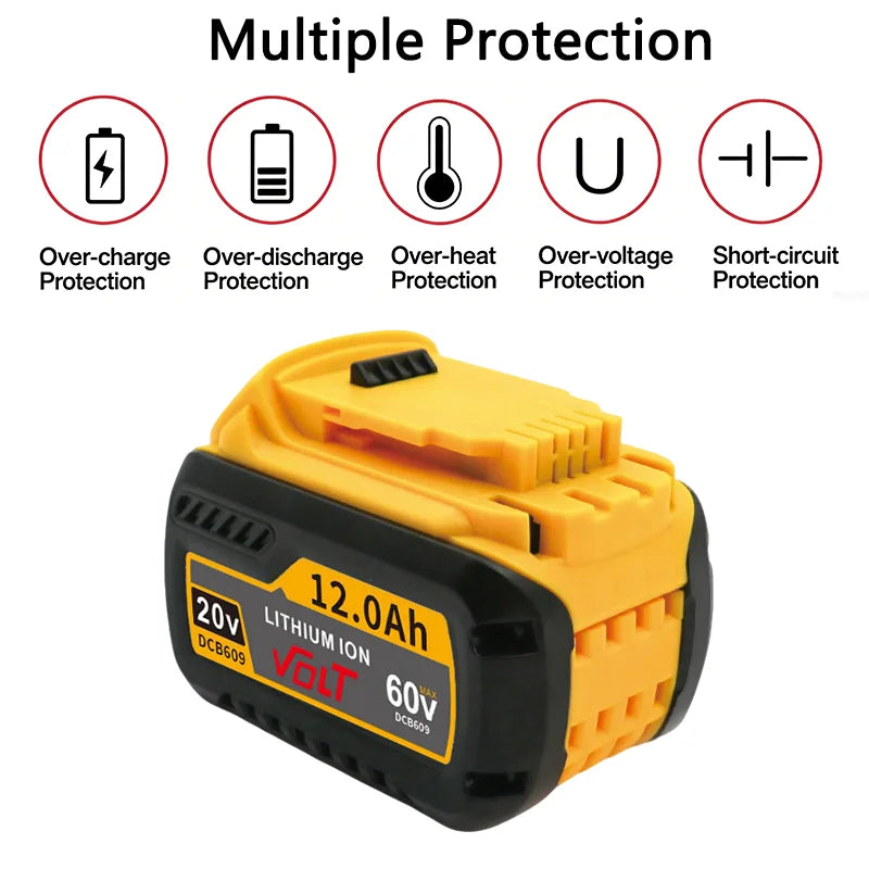 A yellow and black lithium-ion battery pack labeled 20V 12.0Ah DCB609 for power tools.