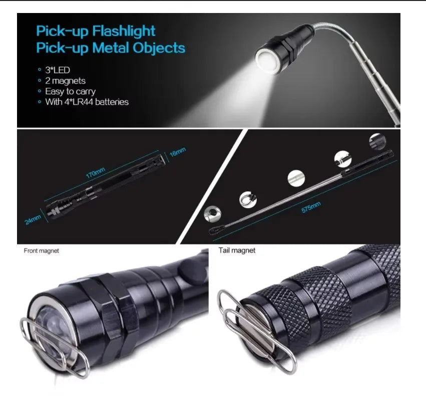 A black magnetic LED pick-up flashlight with a flexible head and magnets shown in various views.