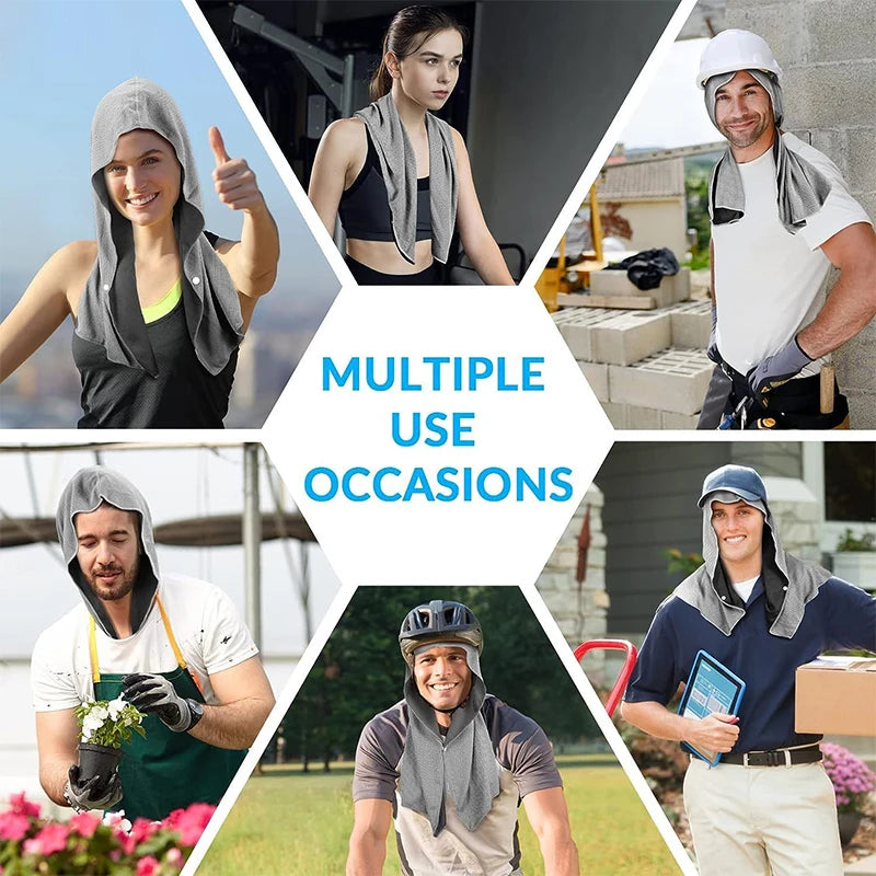 A collage showing multiple uses of an evaporative cooling hoodie towel for various activities.