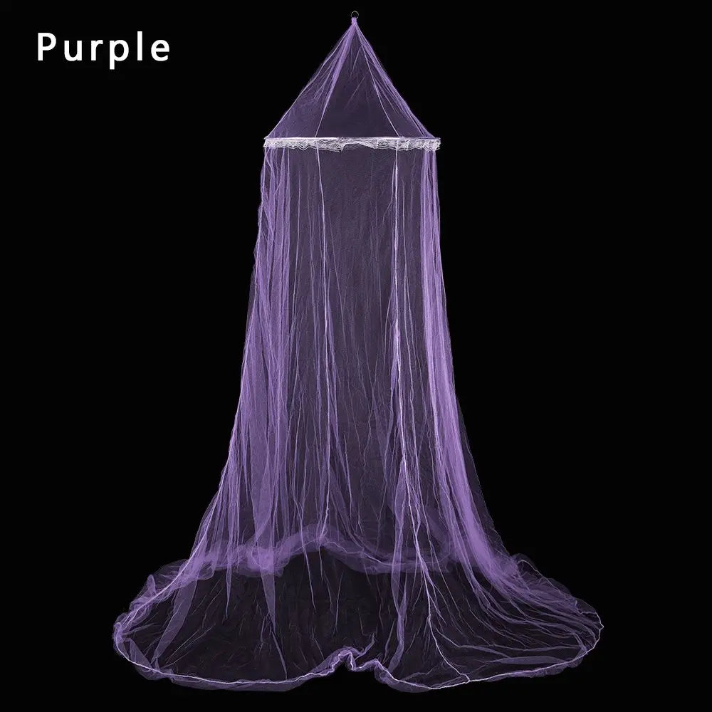 A sheer purple lace canopy mosquito net draped in a conical shape.