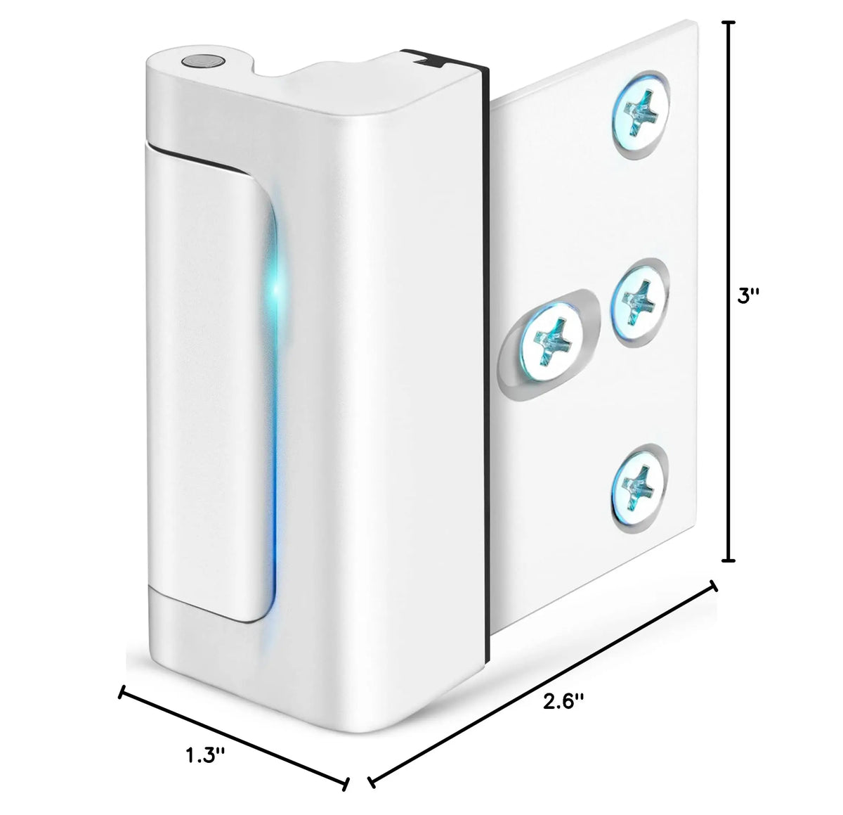 A white heavy duty aluminum door lock for home security shown in a profile view with various security features.