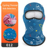 Blue cycling thermal kids balaclava mask featuring stars and rocket designs