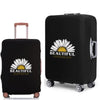 Black rolling suitcase with a floral design featuring the text Beautiful Confusion