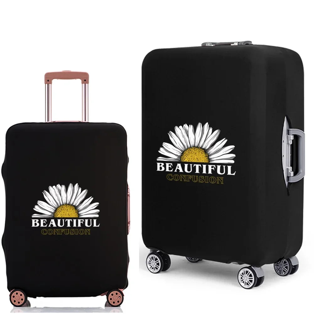 Black rolling suitcase with a floral design featuring the text Beautiful Confusion