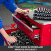 A hand is placing a socket onto an orderly red organizer rail, demonstrating how to keep work in order and improve efficiency