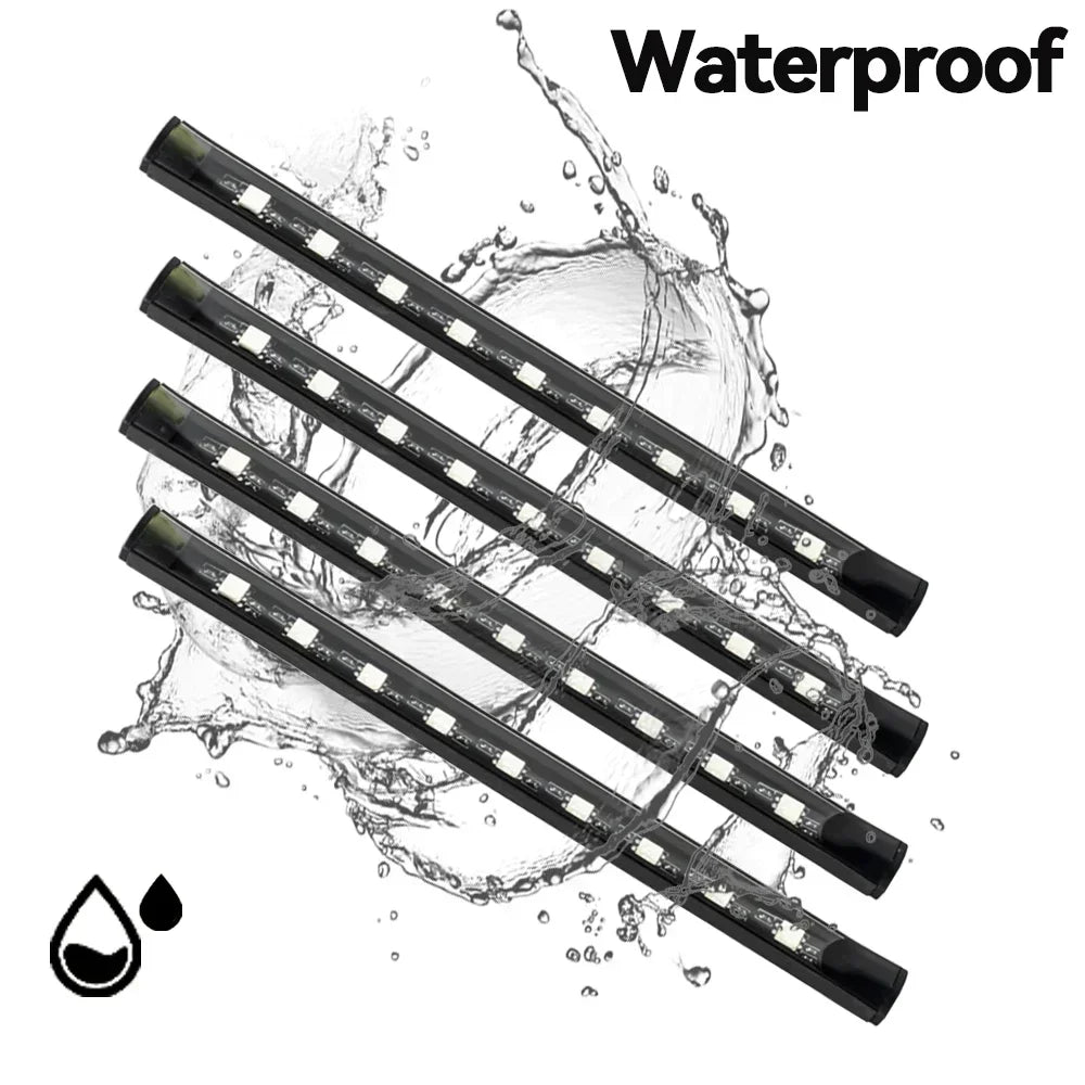 A set of waterproof LED strip lights shown under water droplets, demonstrating their waterproof feature.