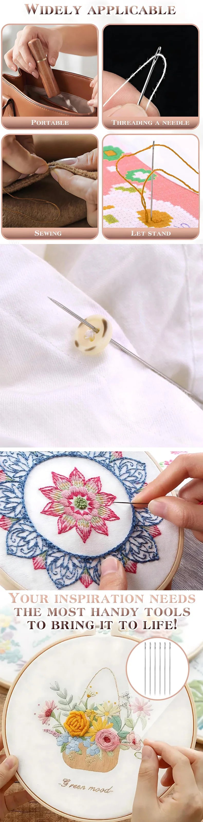 A set of self-threading sewing needles is shown being used for embroidery and sewing projects.
