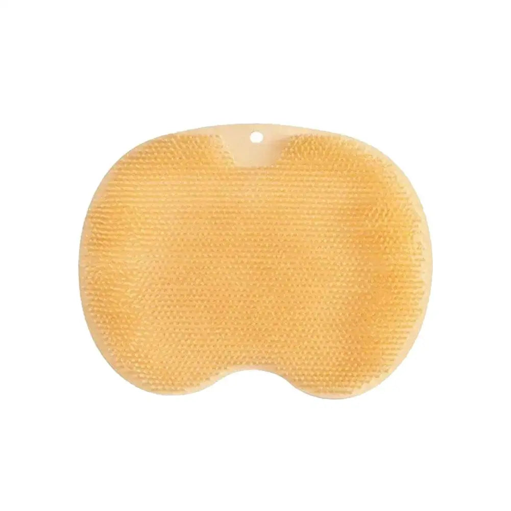 A yellow ergonomic silicone foot scrubber with a suction base.