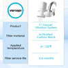 A white faucet filter system with an activated carbon block cartridge is shown next to product specifications.