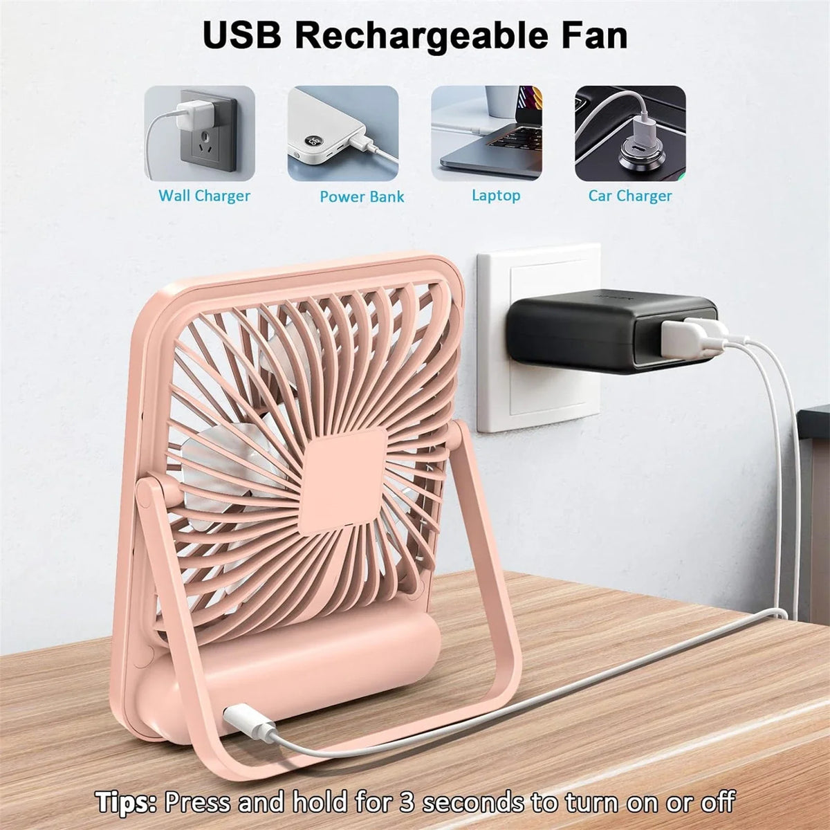 Portable USB Desk Fan with 180° Foldable Stand and Digital Display