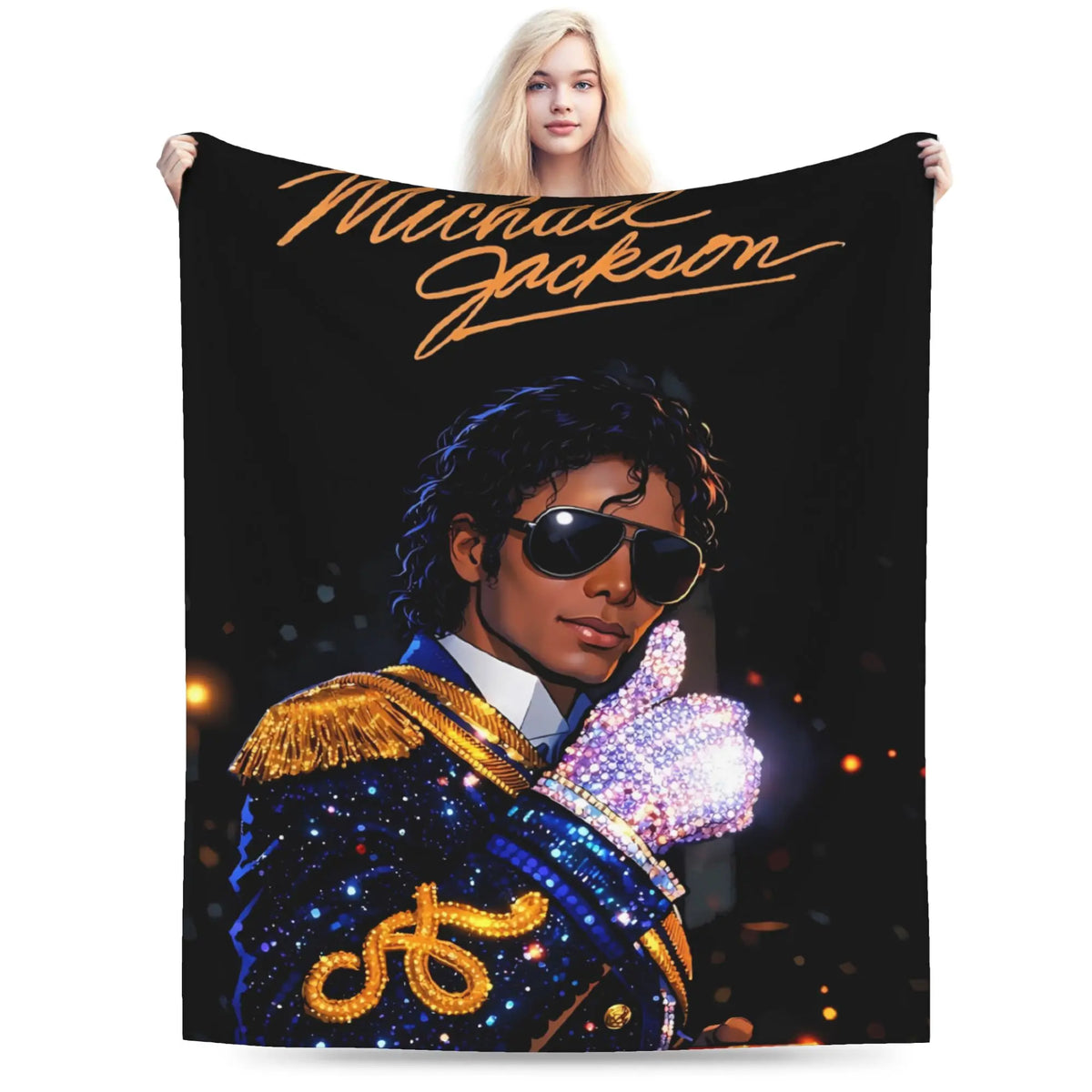 A graphic throw blanket featuring a portrait of Michael Jackson and a blonde woman above him.