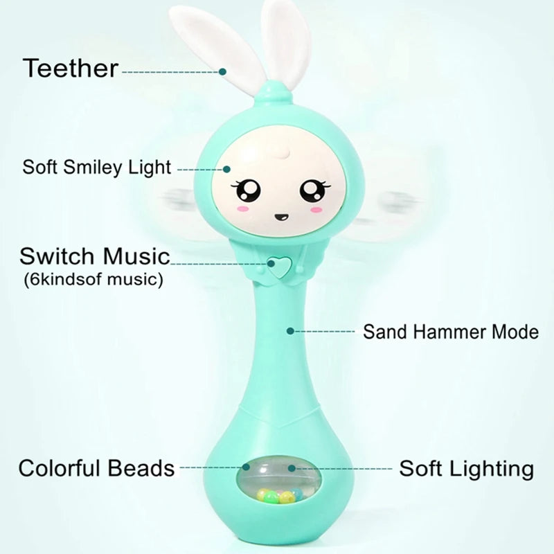 A teal musical rabbit rattle and teether toy with soft lighting, colorful beads, and a sand hammer mode.