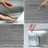 Various applications of wood grain peel and stick decals showing anti-scratch features, waterproof properties, and strong adh