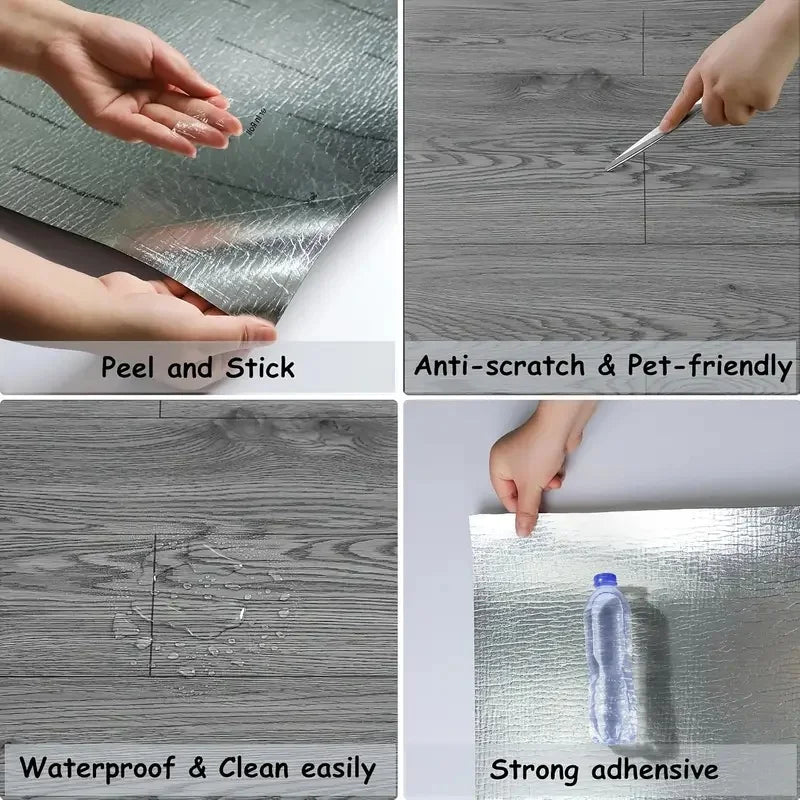 Various applications of wood grain peel and stick decals showing anti-scratch features, waterproof properties, and strong adh