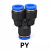 Industrial pneumatic push-to-connect fittings with black and blue components