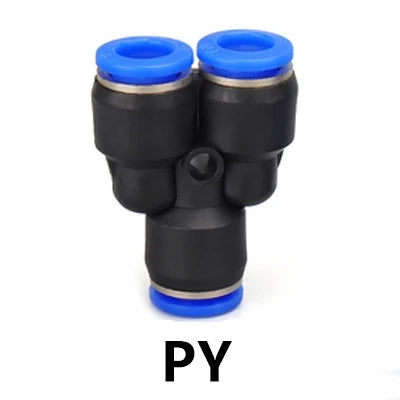 Industrial pneumatic push-to-connect fittings with black and blue components